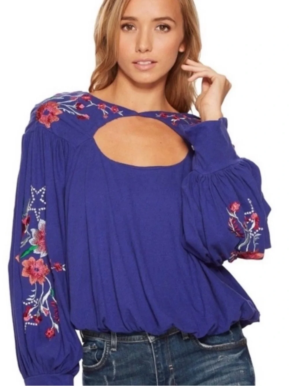 Free people lita embroidered puff sleeve blouse with stylish cutouts Sz s